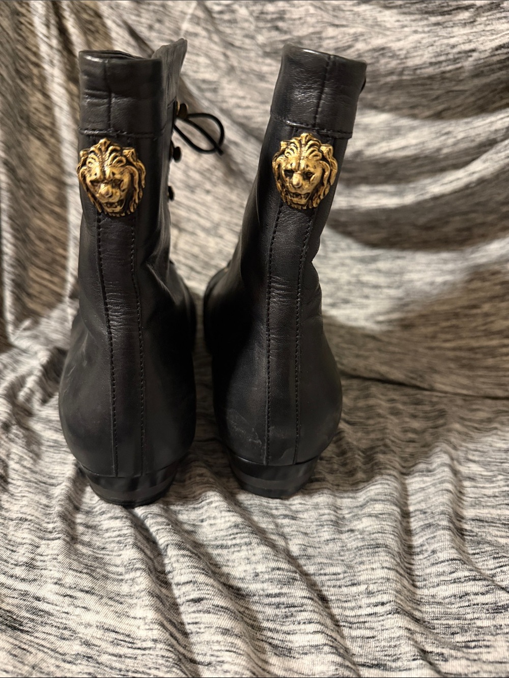 Miista Black Leather Lace-Up Ankle Boots with Gold Toe Cap and Gold Back Accent - Picture 2 of 11